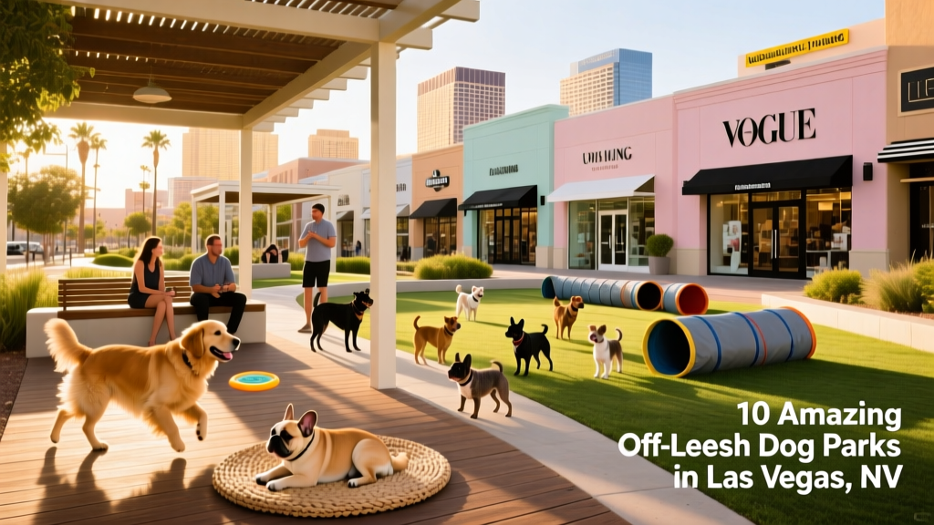 A stylish urban dog park surrounded by boutique storefronts, with dogs lounging and playing under shaded pergolas