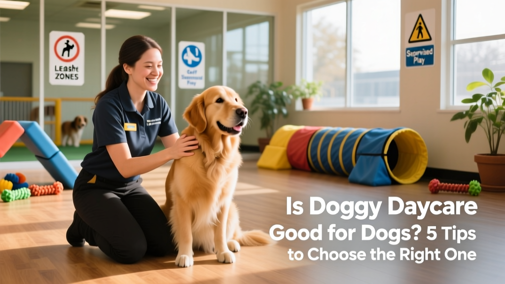 A friendly, knowledgeable staff member kneeling beside a calm dog during a one-on-one orientation session, with play equipment and safety signage visible in the background