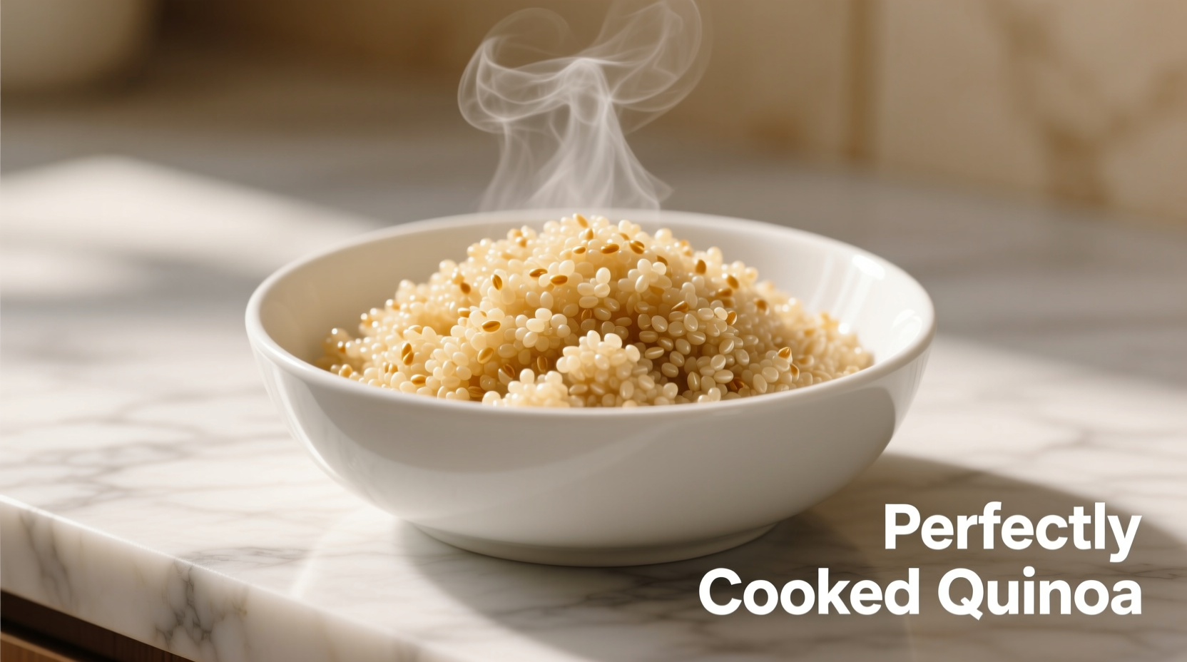 Perfectly cooked fluffy quinoa in a white bowl