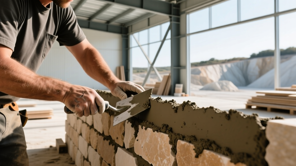 Mason applying Type S mortar to a scratch coat while installing natural limestone veneer sourced from a local building supply yard