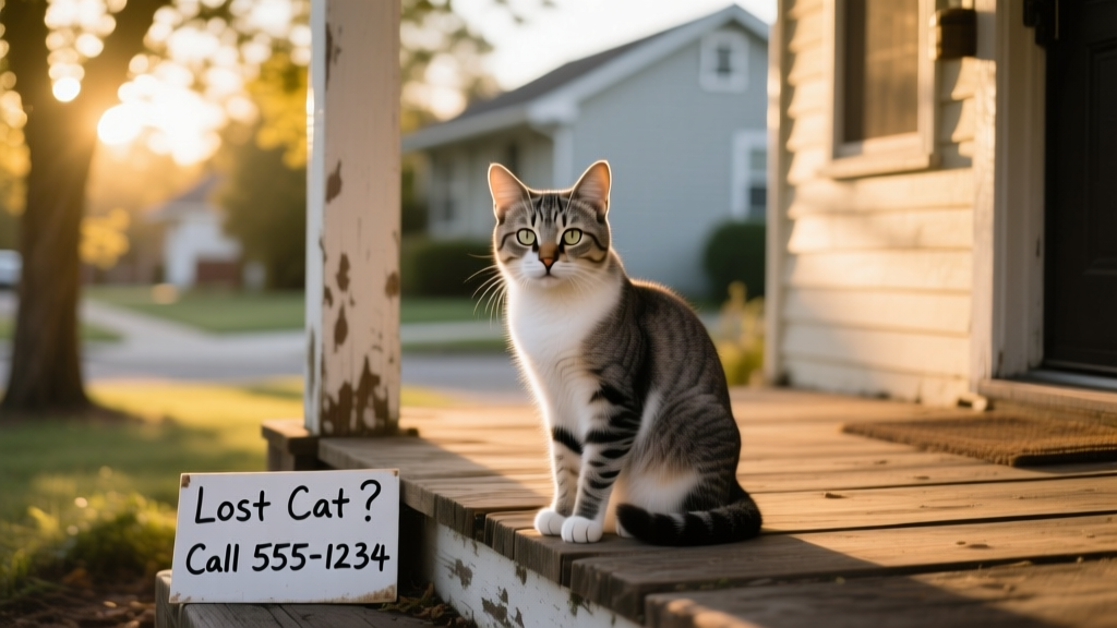 A cautious but approachable stray cat sitting near a porch