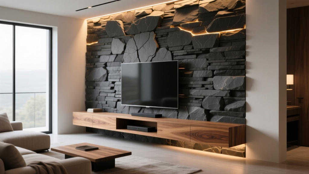 Charcoal stacked stone veneer panel accent wall behind a floating oak media console with warm LED uplighting in a modern living room