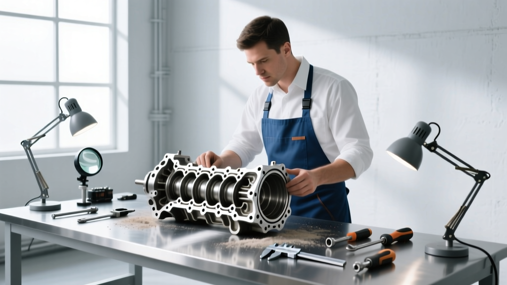 Mechanic inspecting a disassembled automatic transmission valve body on a workbench for wear and tear