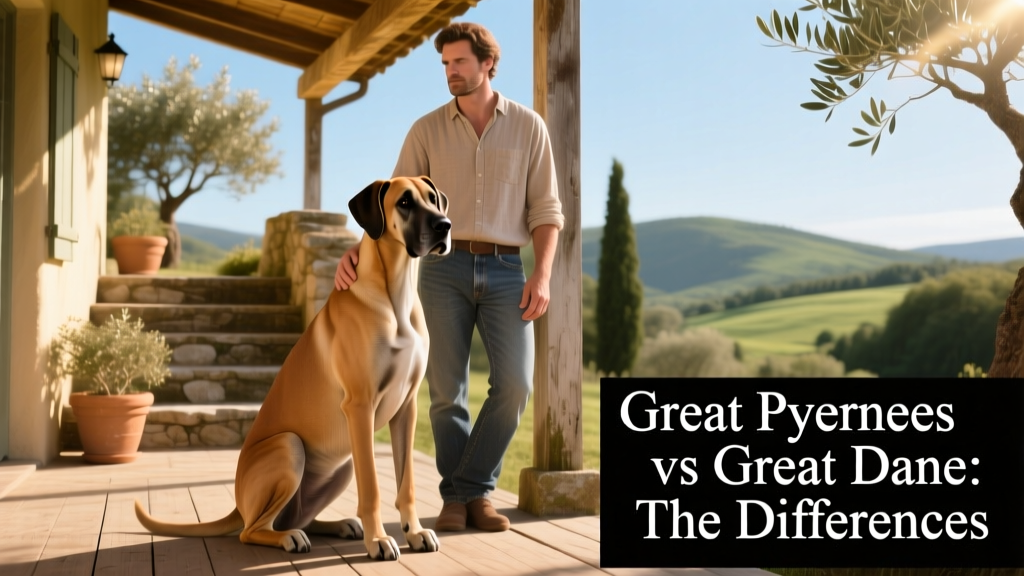 A sleek, fawn-colored Great Dane sitting attentively beside its owner on a sunlit porch