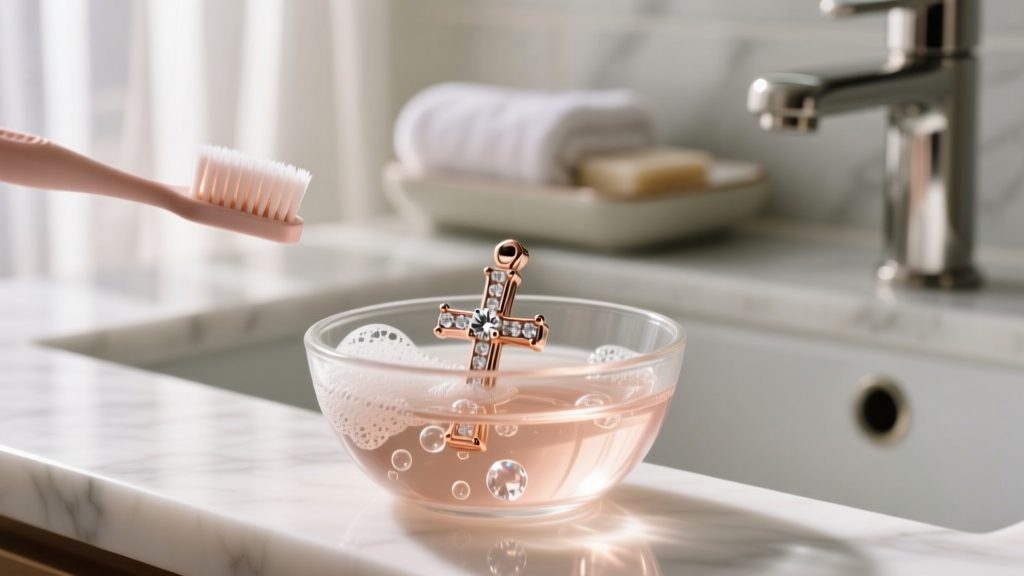 A soft-bristled baby toothbrush gently scrubbing a rose gold diamond cross pendant in a small glass bowl of warm soapy water.