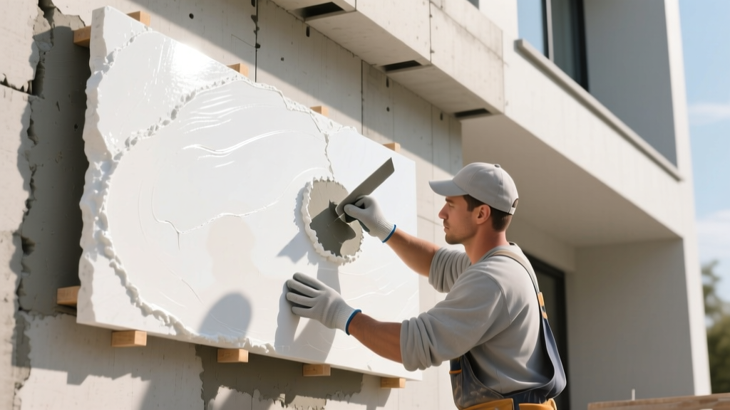 Mason troweling white polymer mortar onto the back of a bright white limestone veneer piece before placing it on an exterior wall