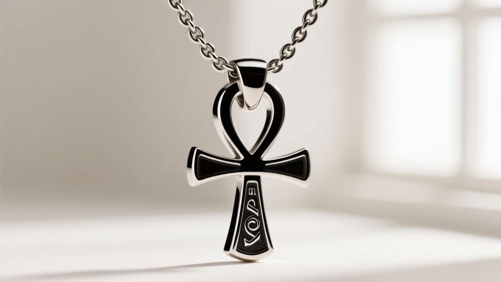 Macro photography of a 2mm titanium curb chain threading through the loop of a black rhodium-plated white gold ankh pendant bail.