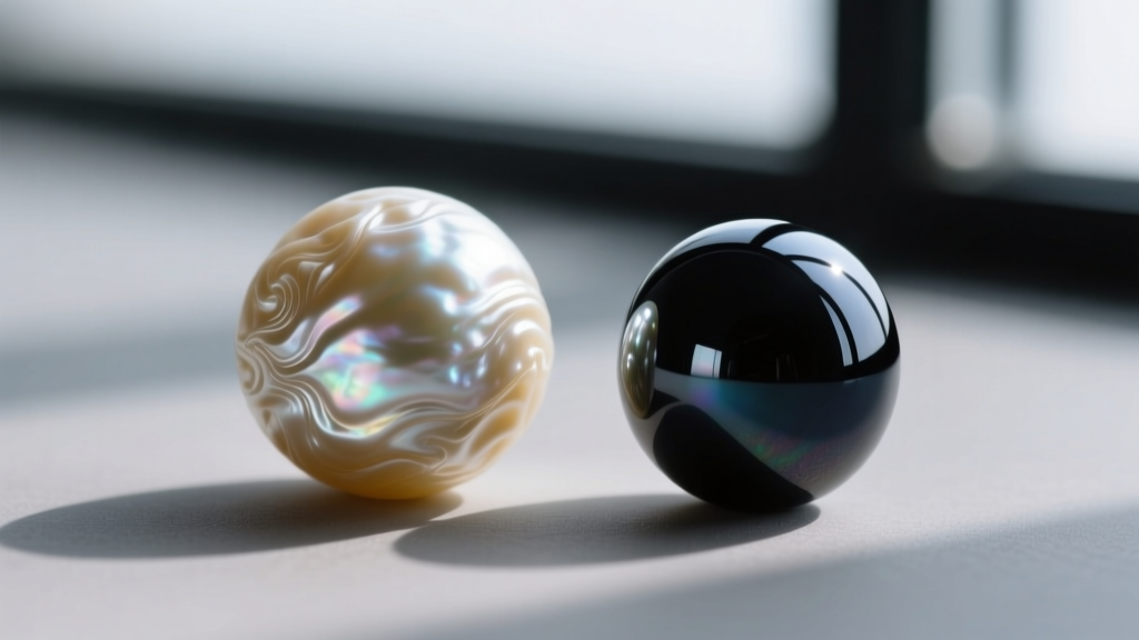 Macro shot comparing the textured surface of a baroque freshwater pearl next to the smooth reflective finish of a dark glass bead