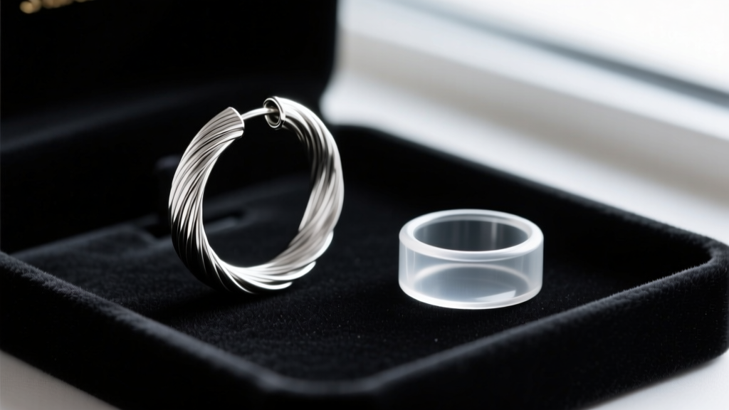 Macro photo comparing solid 8-gauge silver wire hoop next to a hollow 5mm tube hoop resting on a dark velvet jewelry display tray