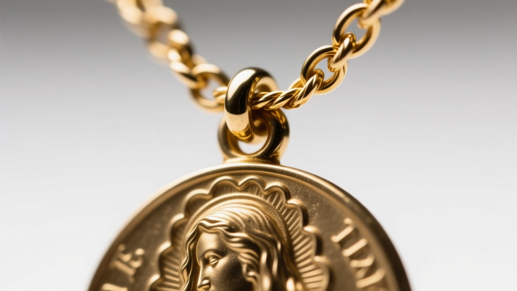 Macro image of a hidden bail on a vintage Mary medallion, threaded with a 1.2mm 14k gold rope chain against soft studio lighting.