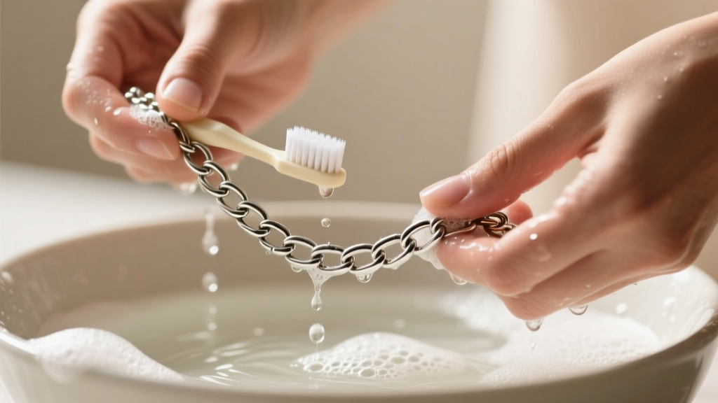 Hands washing a silver snake chain in soapy water, using a soft baby toothbrush to gently scrub the interlocking metal links.