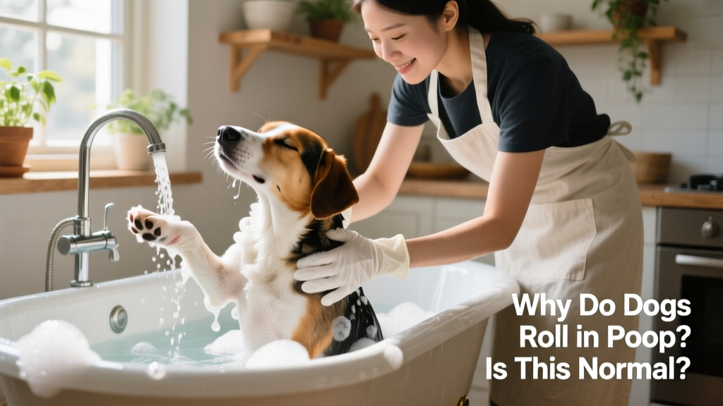 A person wearing gloves and an apron gently washing a dog’s coat in a bathtub with foam and running water