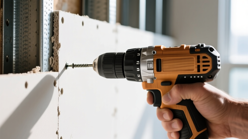 Close-up of a contractor driving a dimpled drywall screw into a half-inch gypsum board panel mounted on steel wall studs with a cordless drill.