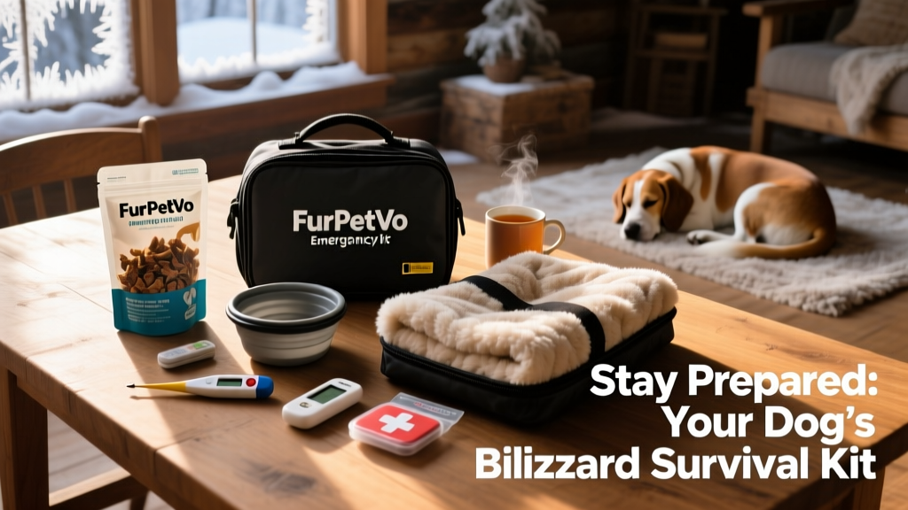 A neatly organized FurPetVo Emergency Kit with food, water, blanket, thermometer, and first aid supplies