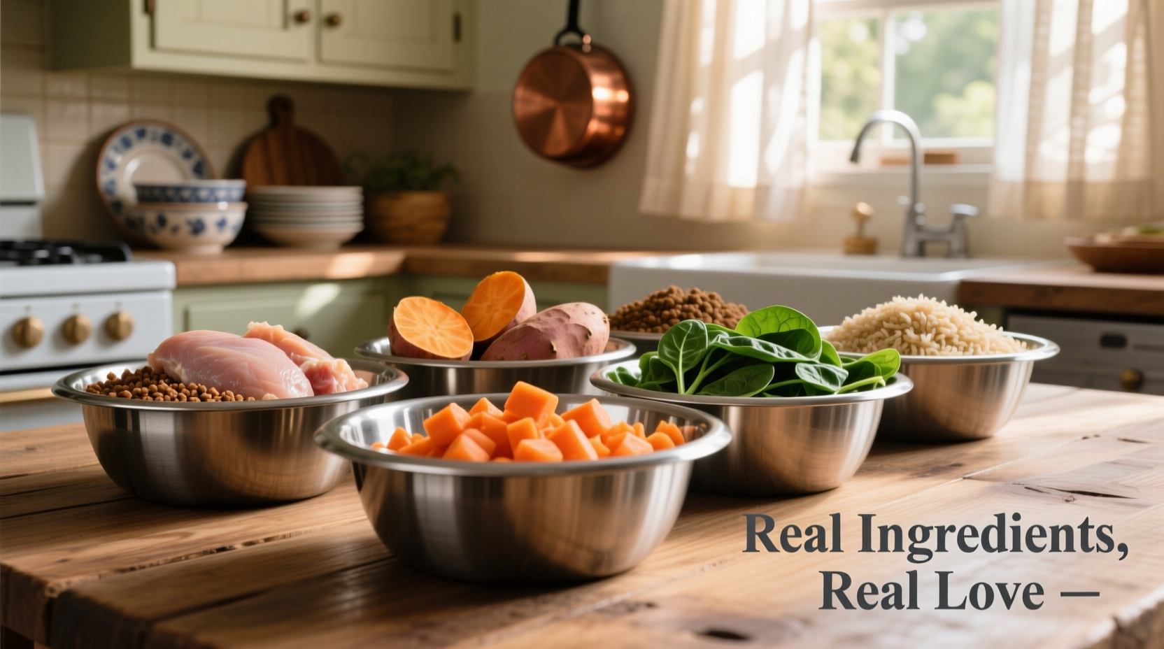 Homemade dog food ingredients in stainless bowls