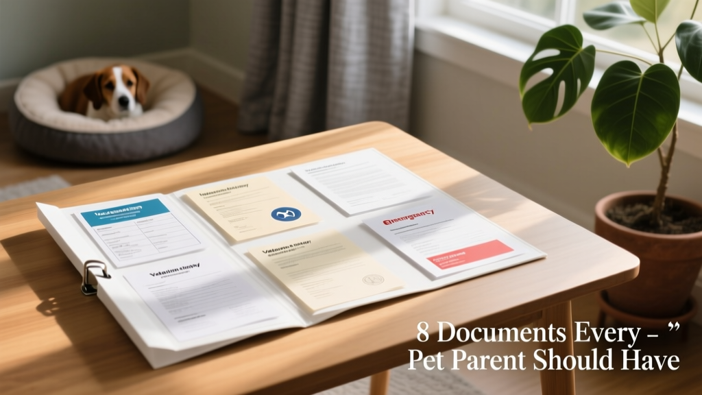 A clean, organized folder containing pet vaccination records and certificates