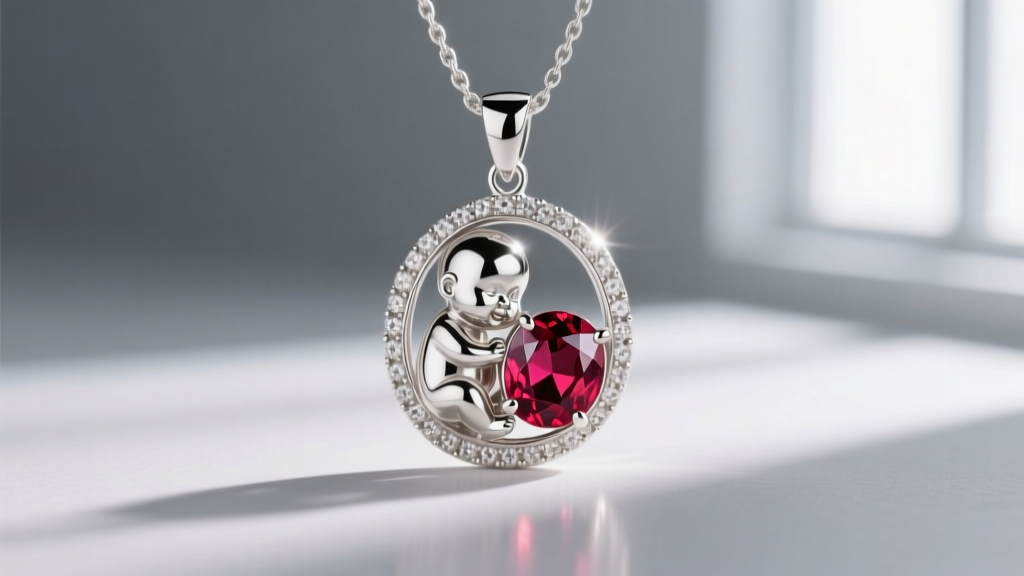 Sterling silver mother and baby pendant featuring a bezel-set lab-created ruby birthstone on a neutral grey background.
