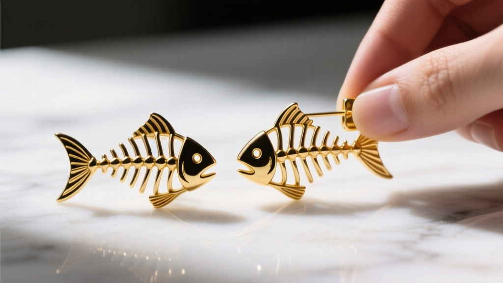 Gold vermeil fishbone earrings on white marble, showing the articulated ribcage design with a jeweler's loupe resting beside them.