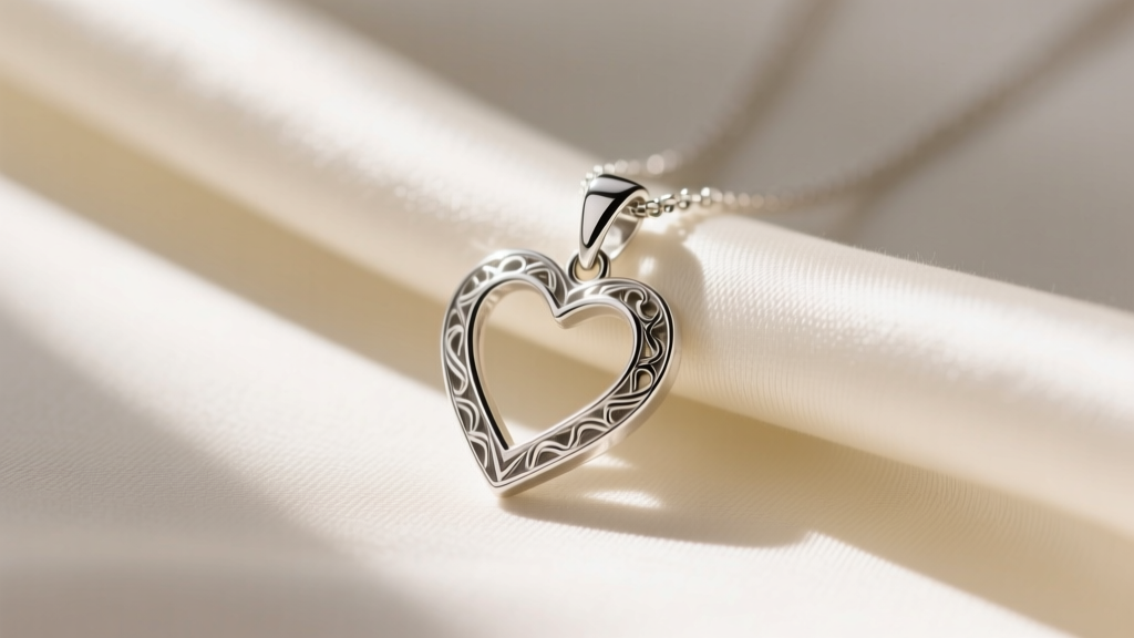 Sterling silver James Avery open heart pendant resting on cream silk, soft morning light highlighting the polished metal