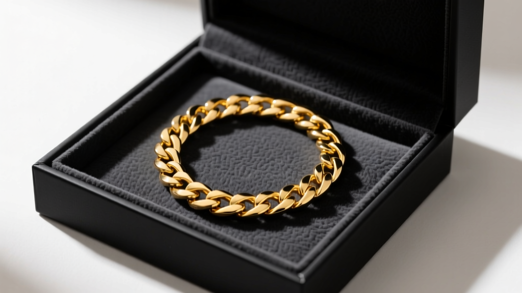 Top-down view of an open matte black rigid box revealing an 18k yellow gold Cuban link chain resting on charcoal vegan suede.
