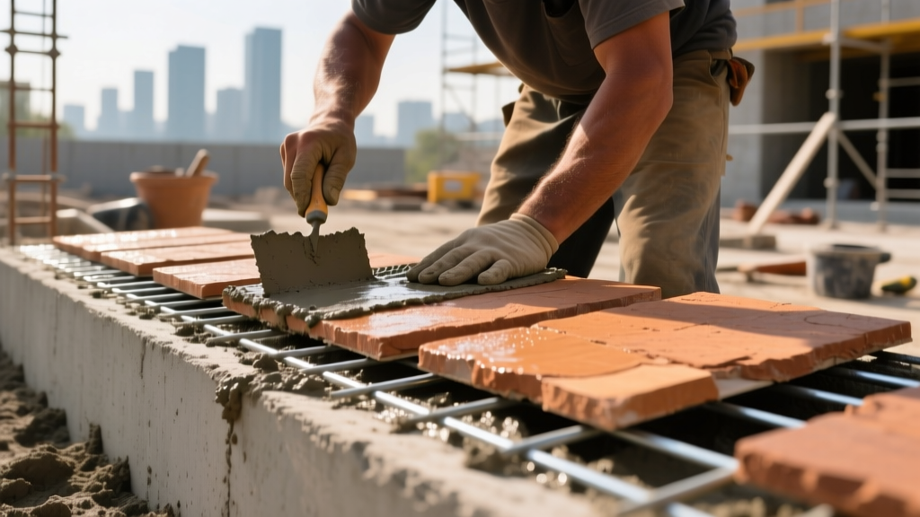 Mason troweling mortar onto metal lath on a concrete foundation base before applying warm-toned manufactured stone veneer panels outdoors