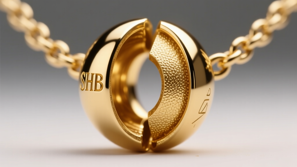 Macro shot of a 14k gold SHB necklace bead sliced open, showing the 0.2mm semi-hollow interior wall under bright studio lighting