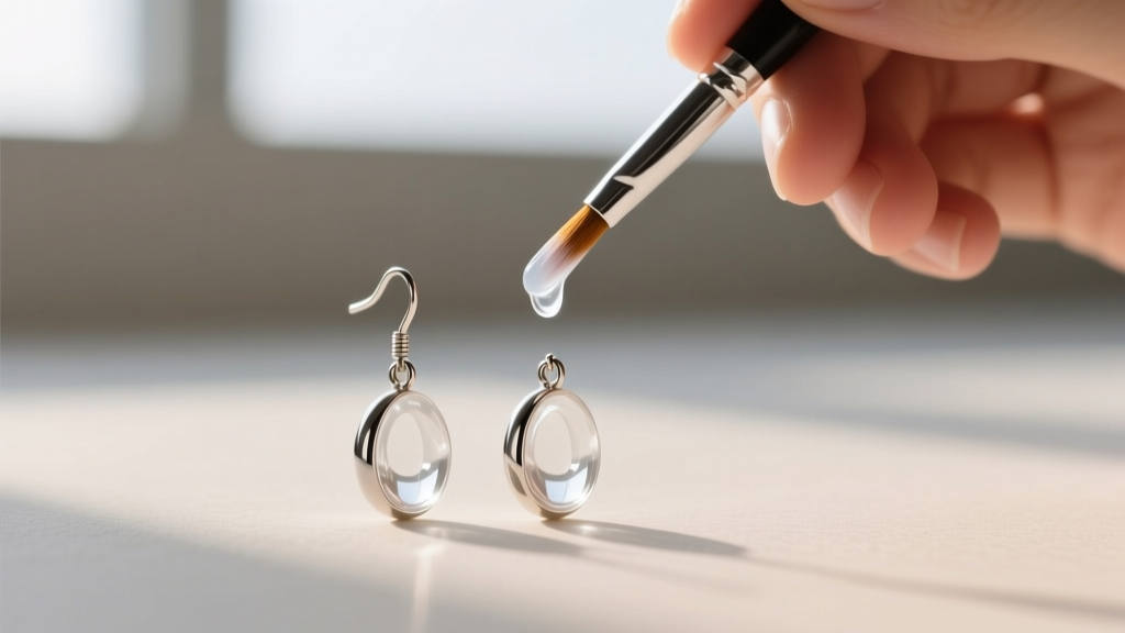 Close-up of applying a clear protective coat to the posts of inexpensive zinc alloy drop earrings to prevent nickel skin irritation