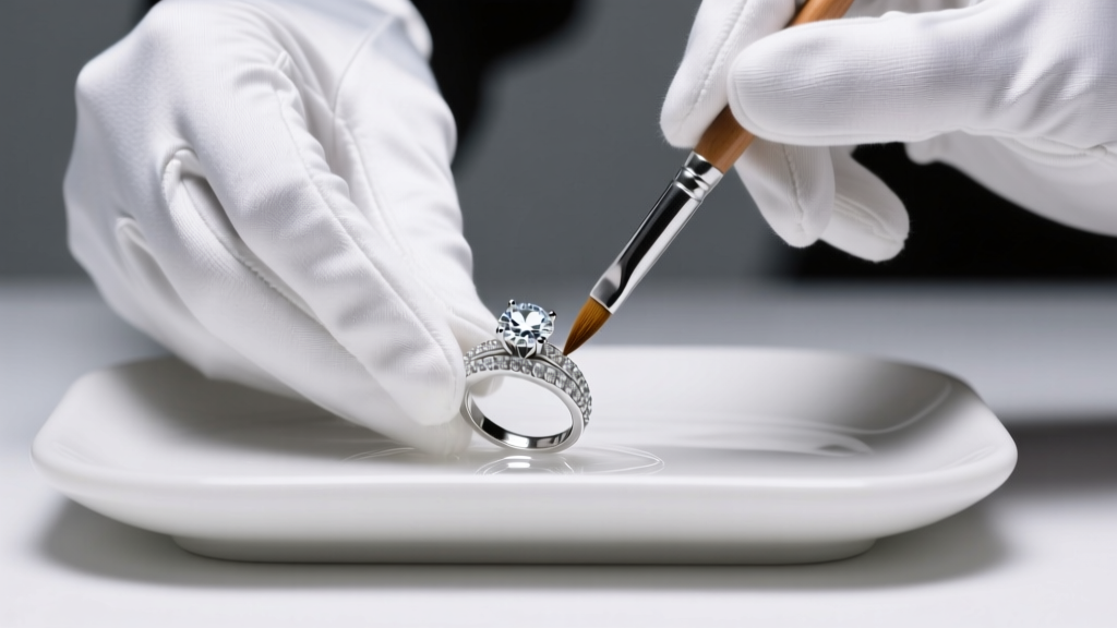 Gloved hands washing a platinum diamond ring with a brush dipped in alcohol on a white ceramic tray under bright focused studio light