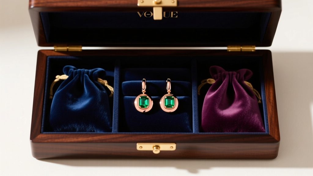 Rose gold emerald huggie earrings stored in individual soft velvet pouches inside a dark mahogany jewelry box, top-down view angle.