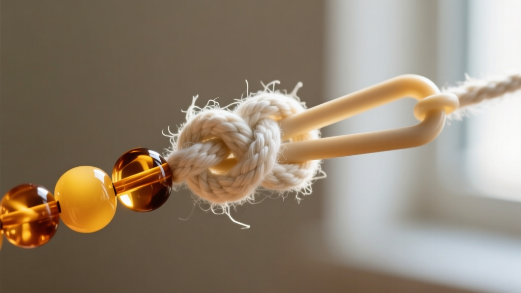 Macro photography showing the individual hand-tied cotton knots between each amber bead and a plastic safety breakaway clasp.