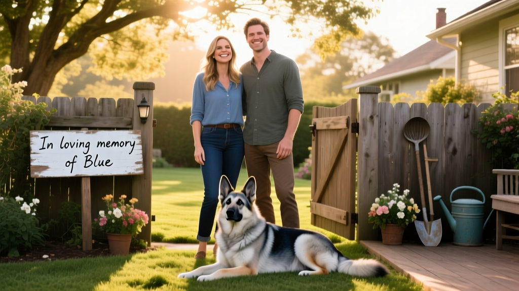 Kaley Cuoco and Tom Pelphrey smiling with their German Shepherd, Blue, in a sunlit backyard