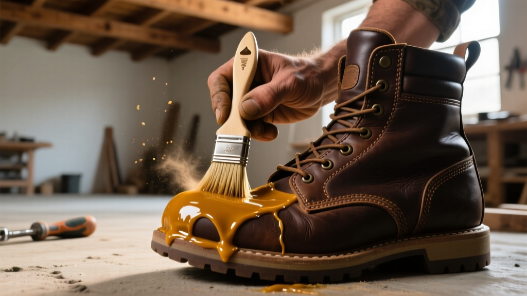 Close-up of hands applying a beeswax-based waterproofing paste to a rugged leather hiking boot using a horsehair brush in a workshop