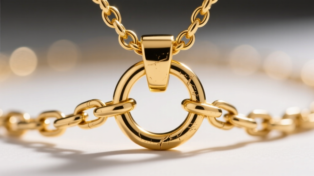 Macro shot of a 16-gauge solid gold soldered jump ring connecting a heavy custom pendant bail to a sturdy rolo chain necklace.
