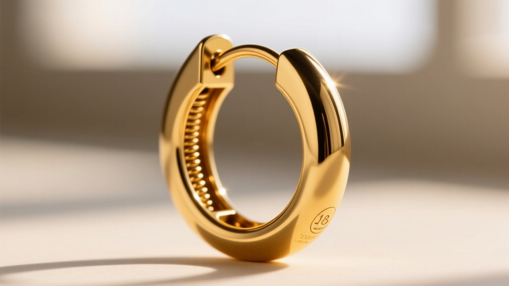 Macro photography of an 18-gauge gold hoop earring hinge and latch mechanism inspected with a jeweler
