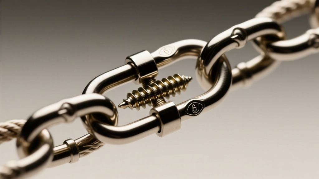 Close-up of a steel screw clasp on a 6mm rope chain, highlighting secure threading and a polished finish in soft studio lighting.