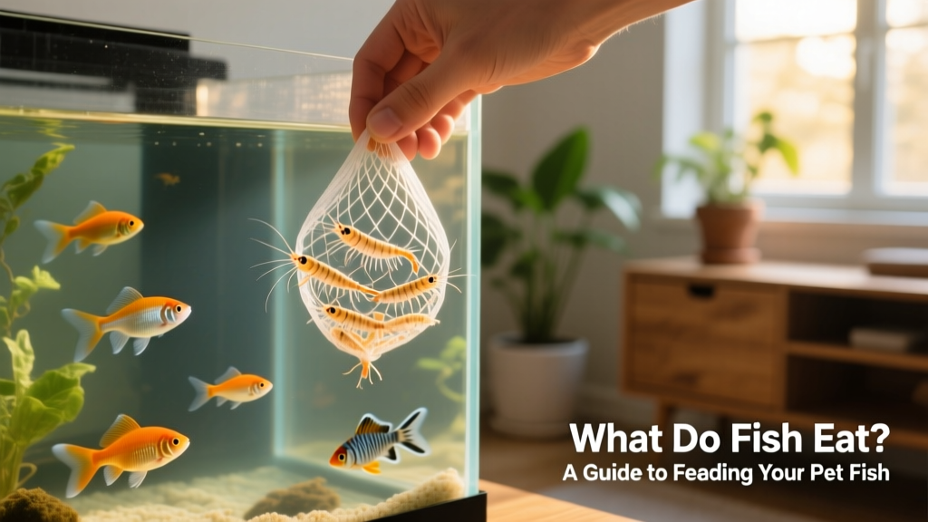 Hand holding a small net with live brine shrimp, hovering above a freshwater aquarium