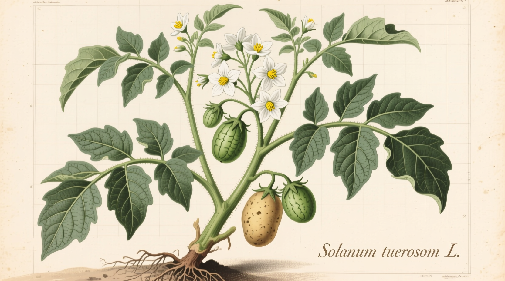 Botanical illustration of Solanum tuberosum plant