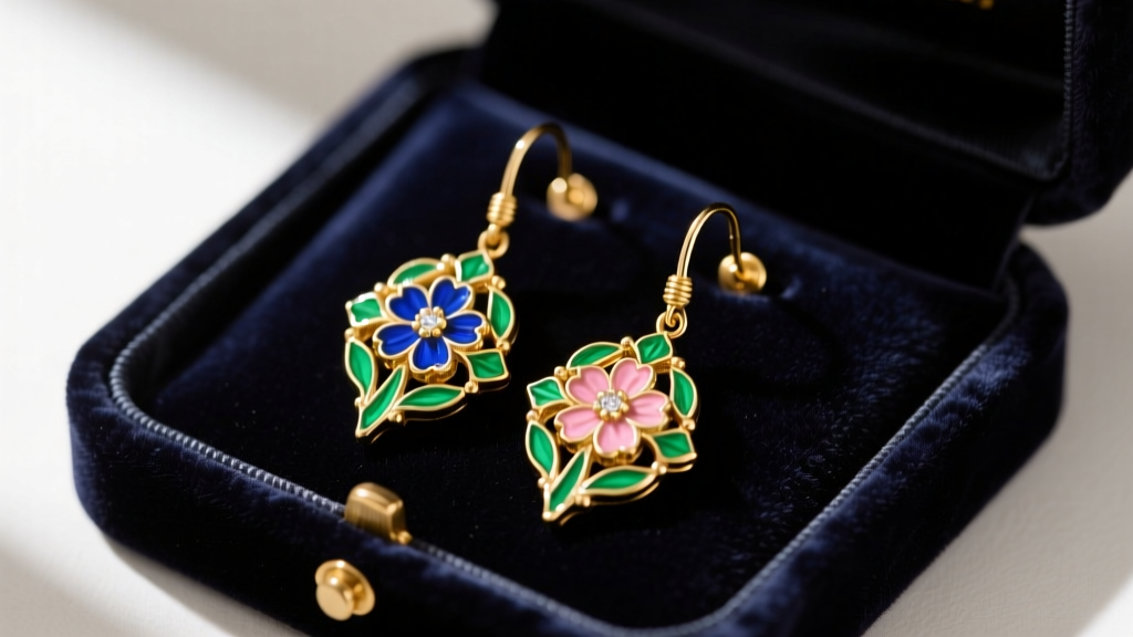 Close-up of vintage 14k gold-filled Krementz drop earrings with floral enamel detailing resting on a dark velvet jewelry tray.