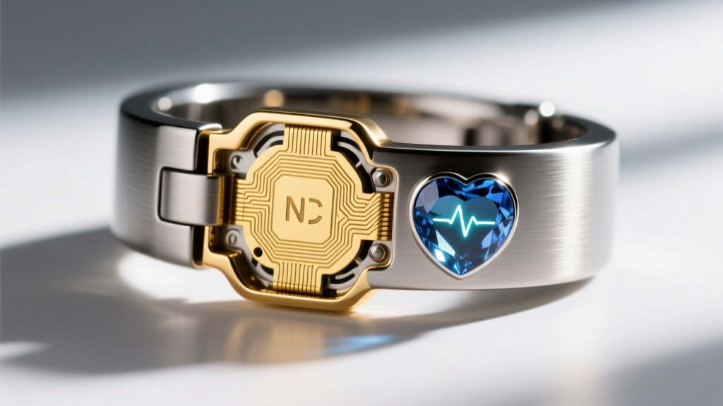 Macro shot of a titanium smart jewelry clasp revealing an internal gold-plated NFC coil and a sapphire crystal heart rate sensor.