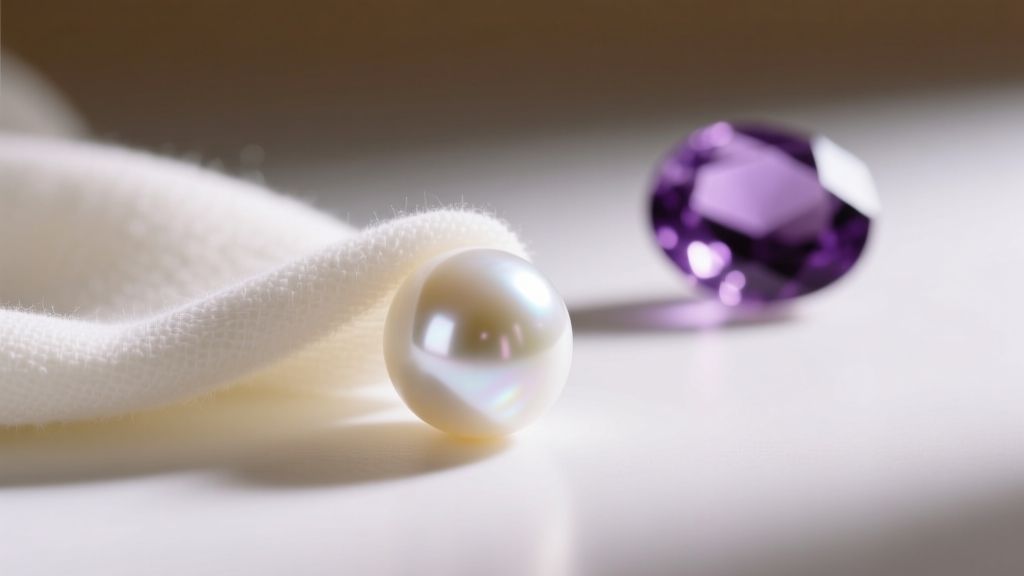Soft microfiber cloth gently wiping a single white freshwater pearl, with an amethyst gemstone blurred in the warm background.