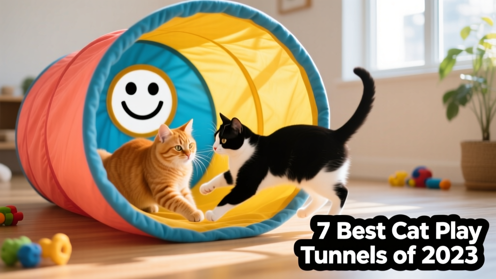 Two cats playing together inside a colorful, curved fabric tunnel with a peek-a-boo window