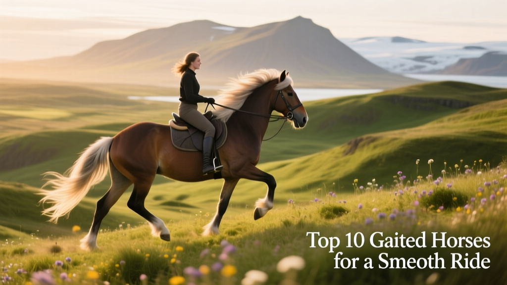 An Icelandic horse performing the tölt gait on a grassy hillside