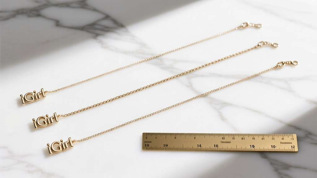 Flat lay showing three iGirl necklace chain lengths, 14, 16, and 18 inches, on a white marble surface next to a small brass ruler