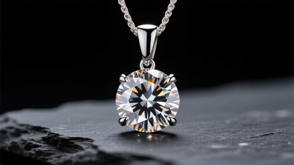 Macro photo of a 2-carat round brilliant diamond set in a six-prong Pt950 platinum pendant, resting on dark slate, studio lit
