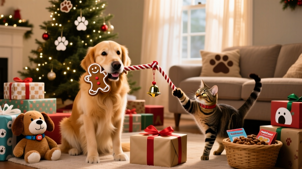 A festive living room scene with a dog holding a gingerbread rope toy and a cat batting at a jingle bell wand, surrounded by wrapped pet-themed gifts under a small tree
