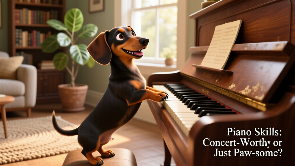 A joyful dachshund standing on its hind legs, tapping piano keys with one paw