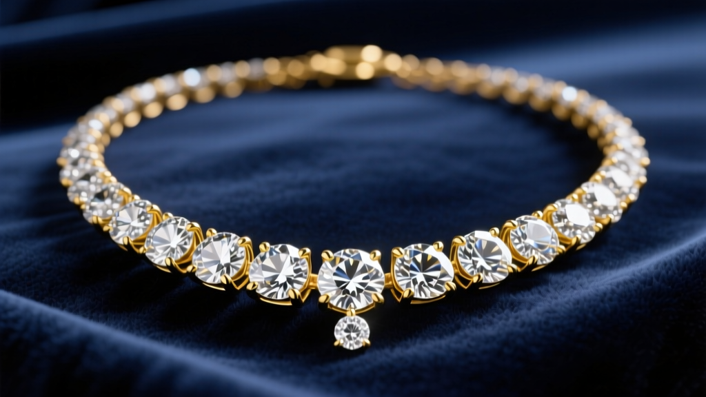 A graduated diamond riviere necklace on dark navy velvet, showing 18k yellow gold four-prong settings and bright stone sparkle.