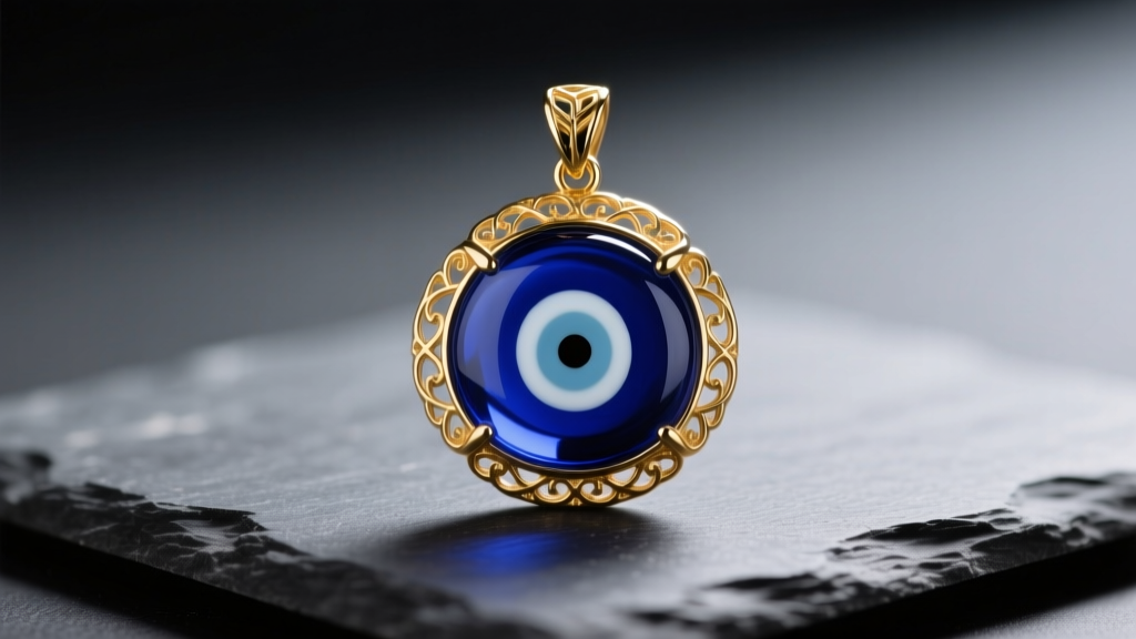 Macro photography of a cobalt blue glass Greek evil eye pendant with a 14k gold bezel, resting on dark slate, soft lighting