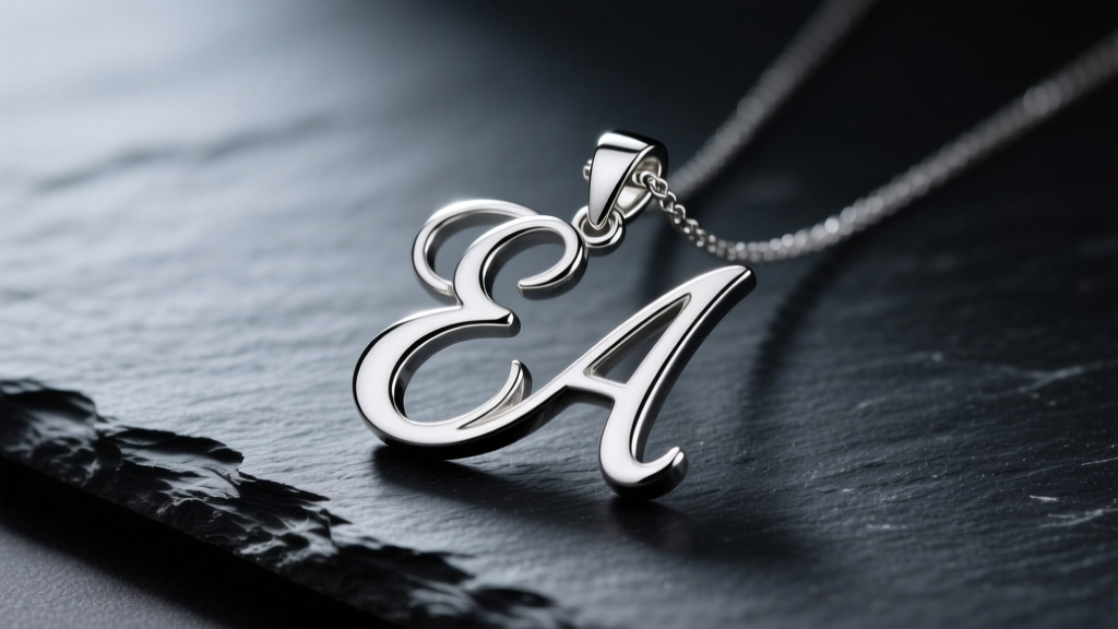 Sterling silver script initial pendant on dark slate, reflecting soft studio lighting with sharp, high-contrast metallic details.