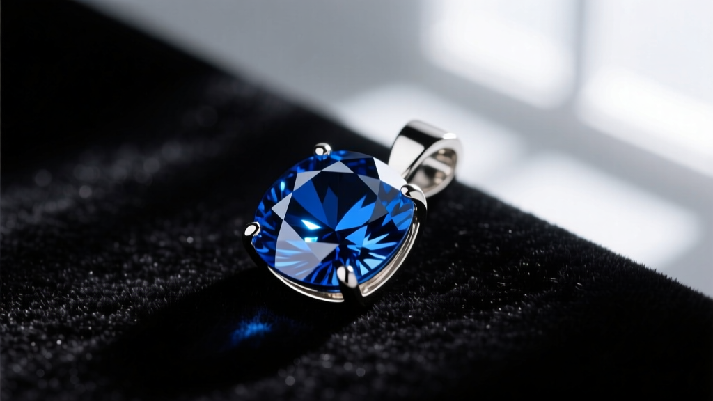 Close-up of a London blue topaz pendant in a 14k white gold setting on dark velvet, highlighting its deep inky blue saturation